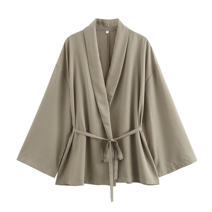 Dam Kimono Jacka med Wrap Belt, Loose Passform och Shawl Krage