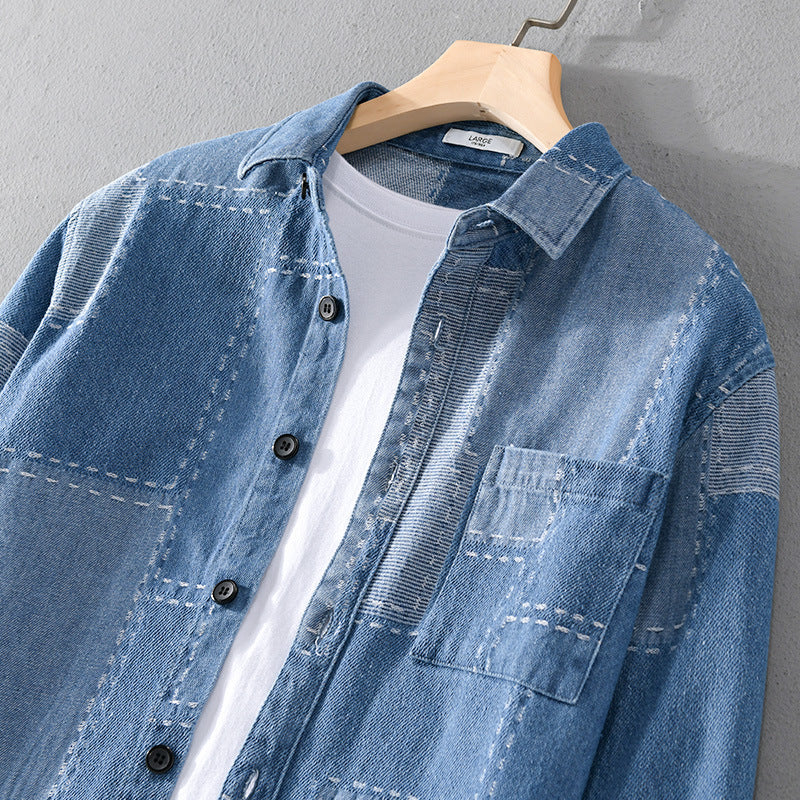 Herr Patchwork Skjortjacka Tillverkad av Texturerad Denim med Synlig Sömmar och Bröstficka