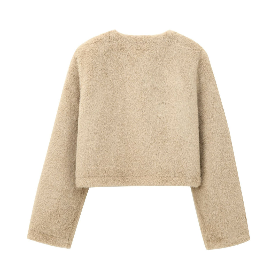 Dam kort-skärning teddy jacka med round neckline, knäppning, och påsydda fickor