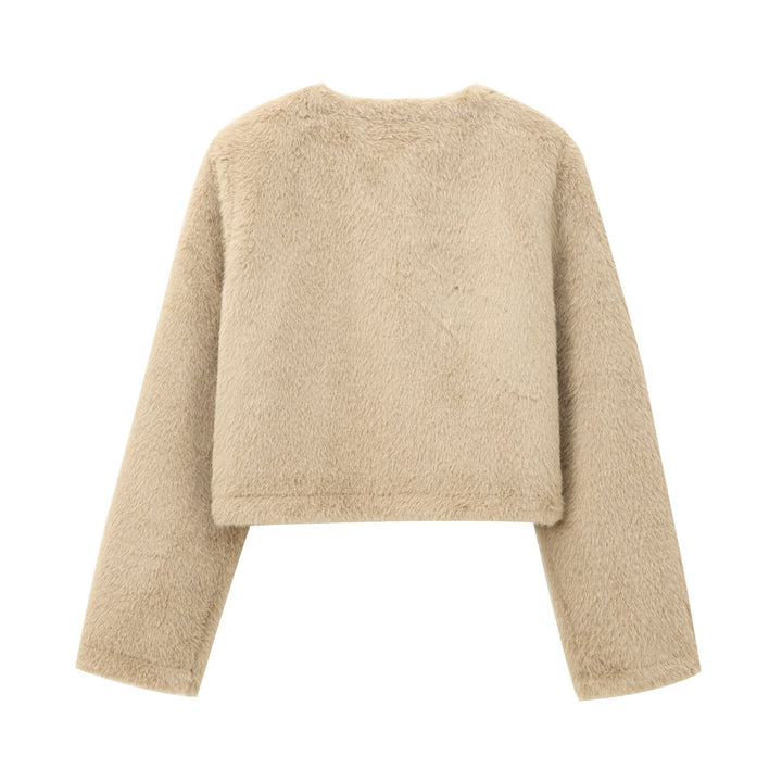 Dam kort-skärning teddy jacka med round neckline, knäppning, och påsydda fickor
