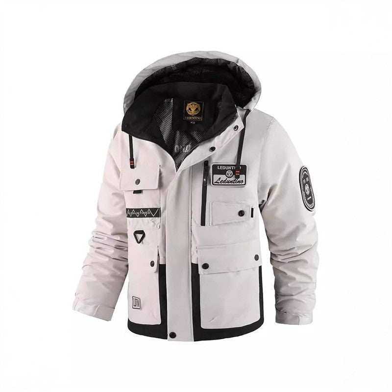 Herr Multifunctional Fältjacka med Huva och Multi Fickor, Weatherproof Softshell Utilityjacka
