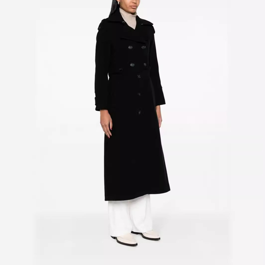 Dam Floor-Length Double-Breasted trenchcoat gjord ullblandning med Shoulder Patches och dold midjebälte