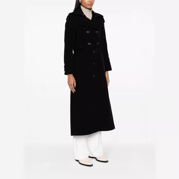 Dam Floor-Length Double-Breasted trenchcoat gjord ullblandning med Shoulder Patches och dold midjebälte