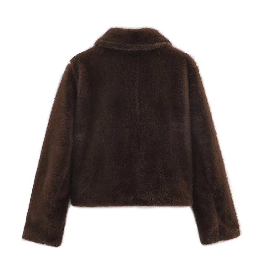 Dam kort skärning faux pälsjacka med klassisk skjortkrage, concealed fastening och elastisk fåll
