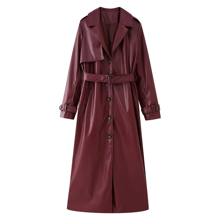 Dam longer vegan trenchcoat i läder look med midjebälte och axel flap
