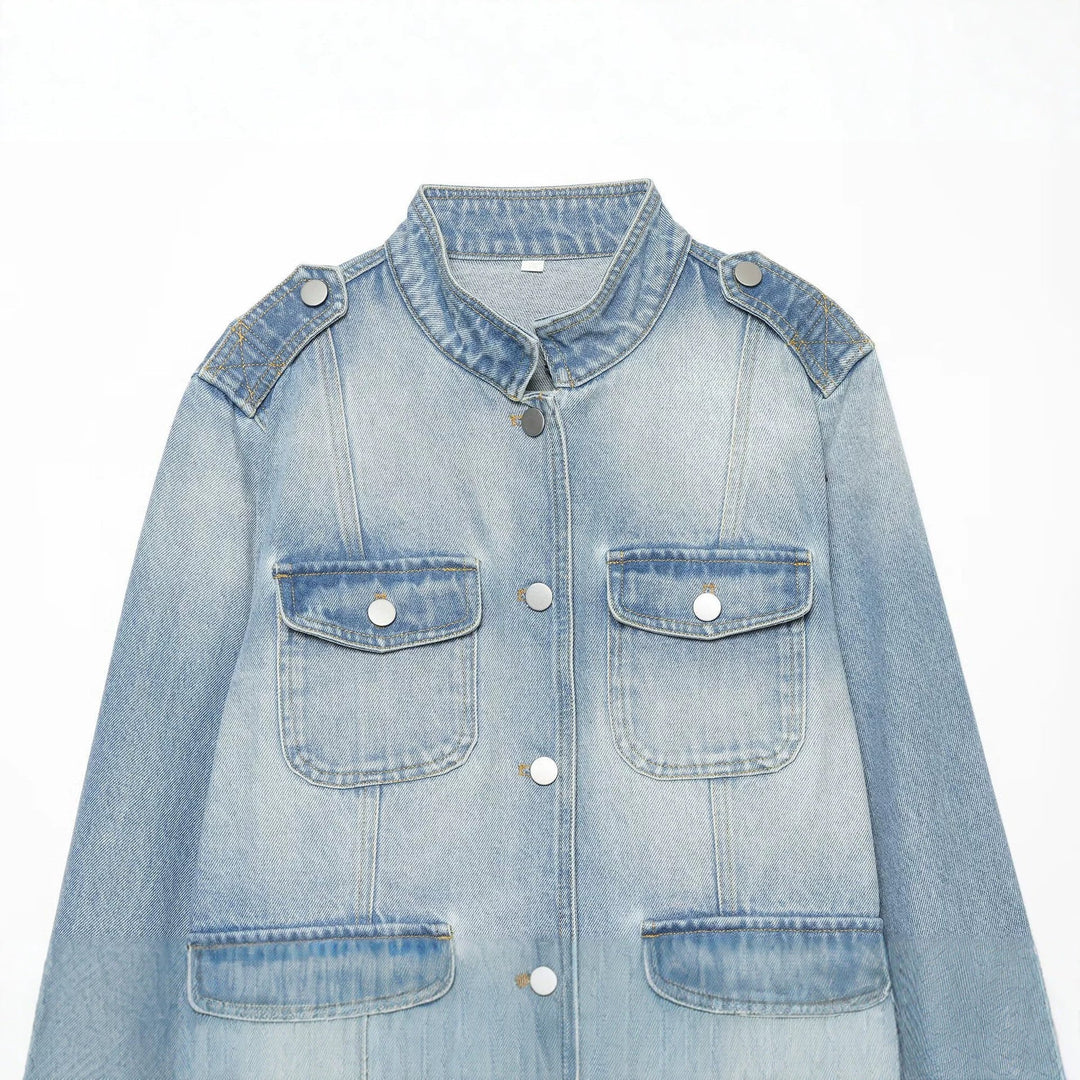 Dam Utility Stil Denim Kort Jacka med Epaulettes