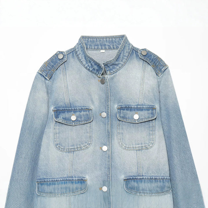 Dam Utility Stil Denim Kort Jacka med Epaulettes