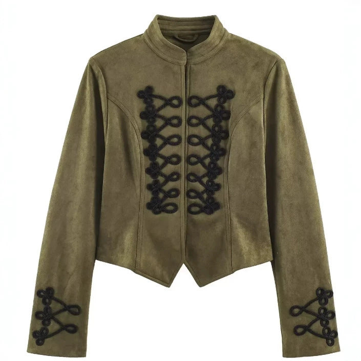 Dam Kort Skärning Suede Jacka i Military Look med Stå Krage och Dekorativ Cord Frog Appliqué