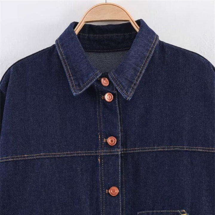 Dam Oversized Denim Jacka med Boxig Kort Skärning, Utanpåfickor och Contrast Stitching