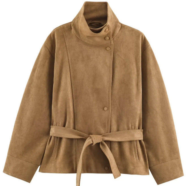 Dam Suede Look Jacka med Hög Stå Krage och Waist Belt