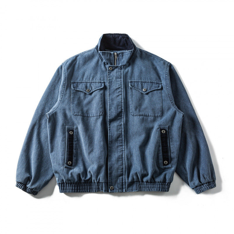 Herr boxig Canvas Blouson Jacka med Cord Trim, ståkrage och elastisk fåll