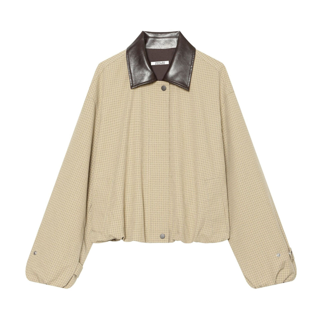 Dam Oversized Boxig Jacka med Rutigt Mönster, Konstläder Lapel och Fåll med Dragsko