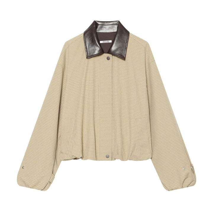 Dam Oversized Boxig Jacka med Rutigt Mönster, Konstläder Lapel och Fåll med Dragsko