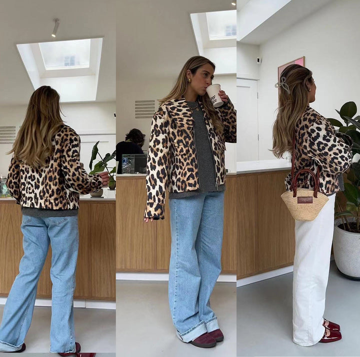 Dam kort Field jacka in Leopard mönster med vid Lapels och Flap fickor