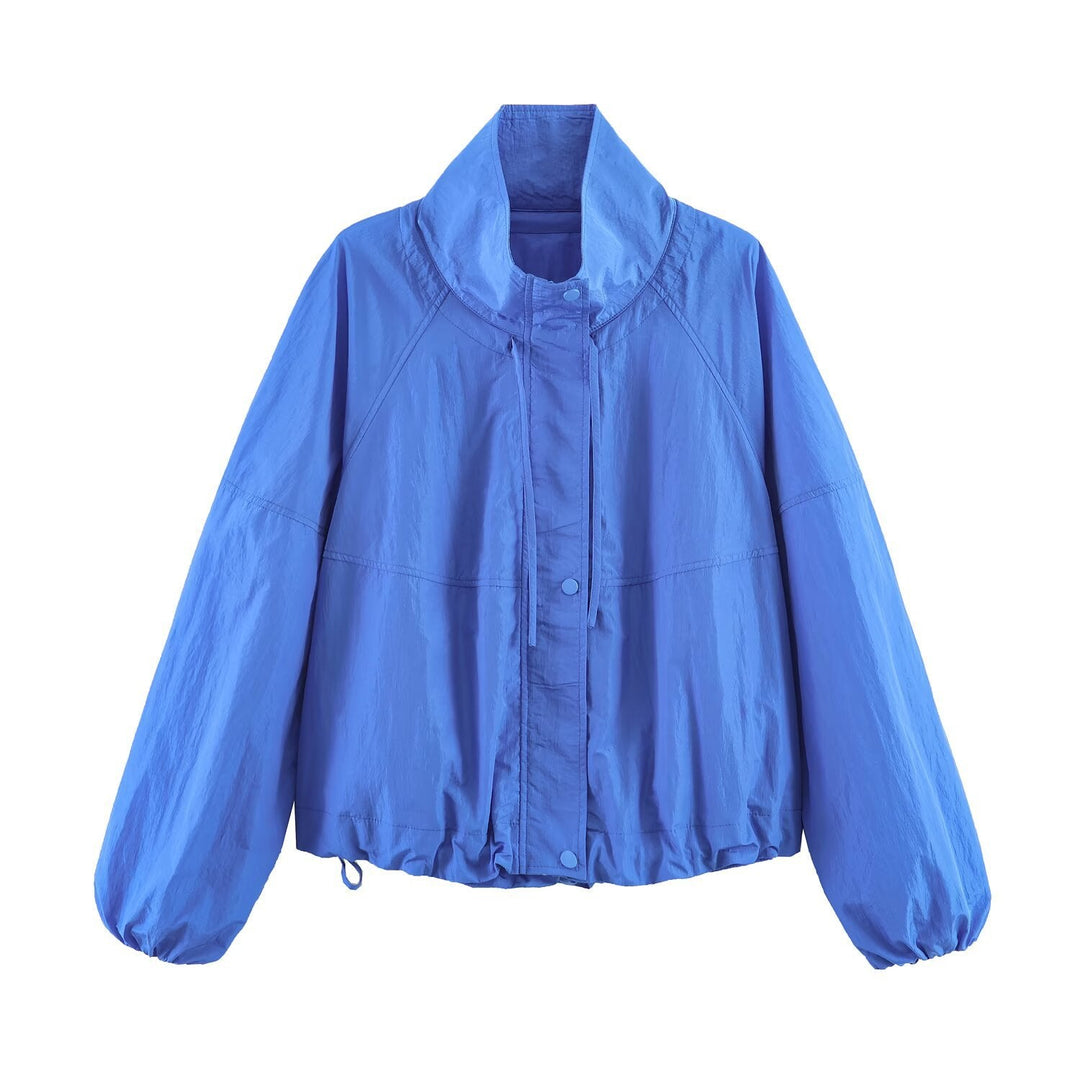 Dam Lätt Windbreaker Jacka med Hög Stå Krage, Drawstring Nederkant och Raglan Ärmar