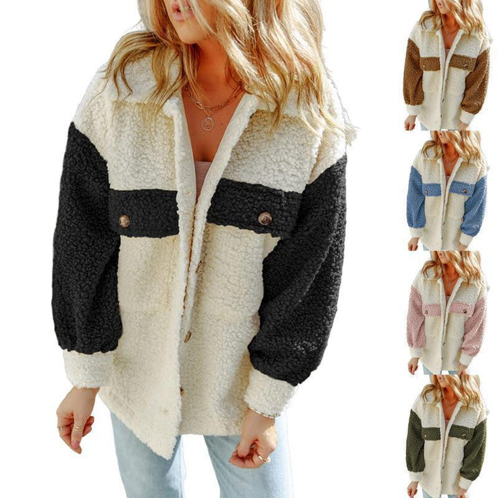 Dam oversized Teddy shirt jacka med kontrast stripes, applied bröstfickor och visible knäppning