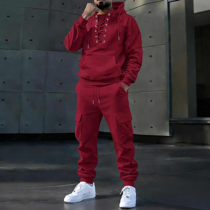 Herr Luvtröja med Distinctive Fram Lacing, Känguruficka, och Elastiska Muddar