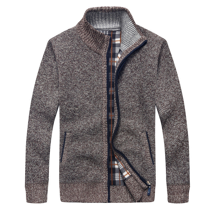 Herr Quiltad Knit Zip Jacka med Stående Krage och Checkered Fleece Inre Sida