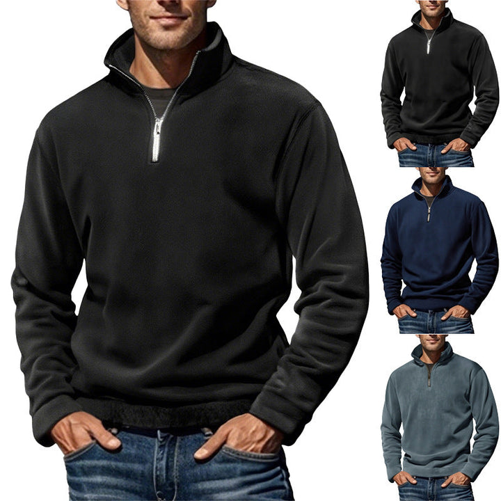 Herr Nano Fleece Halv Dragkedja Pullover med Ståkrage och Ribbstickade Muddar