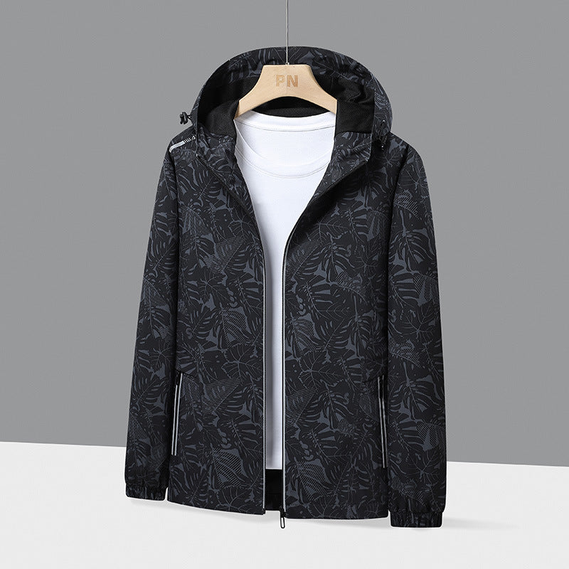 Herr lätt med huva Windbreaker med Botanical Heltäckande Tryck och elastiska muddar