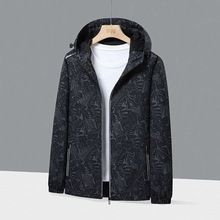 Herr lätt med huva Windbreaker med Botanical Heltäckande Tryck och elastiska muddar