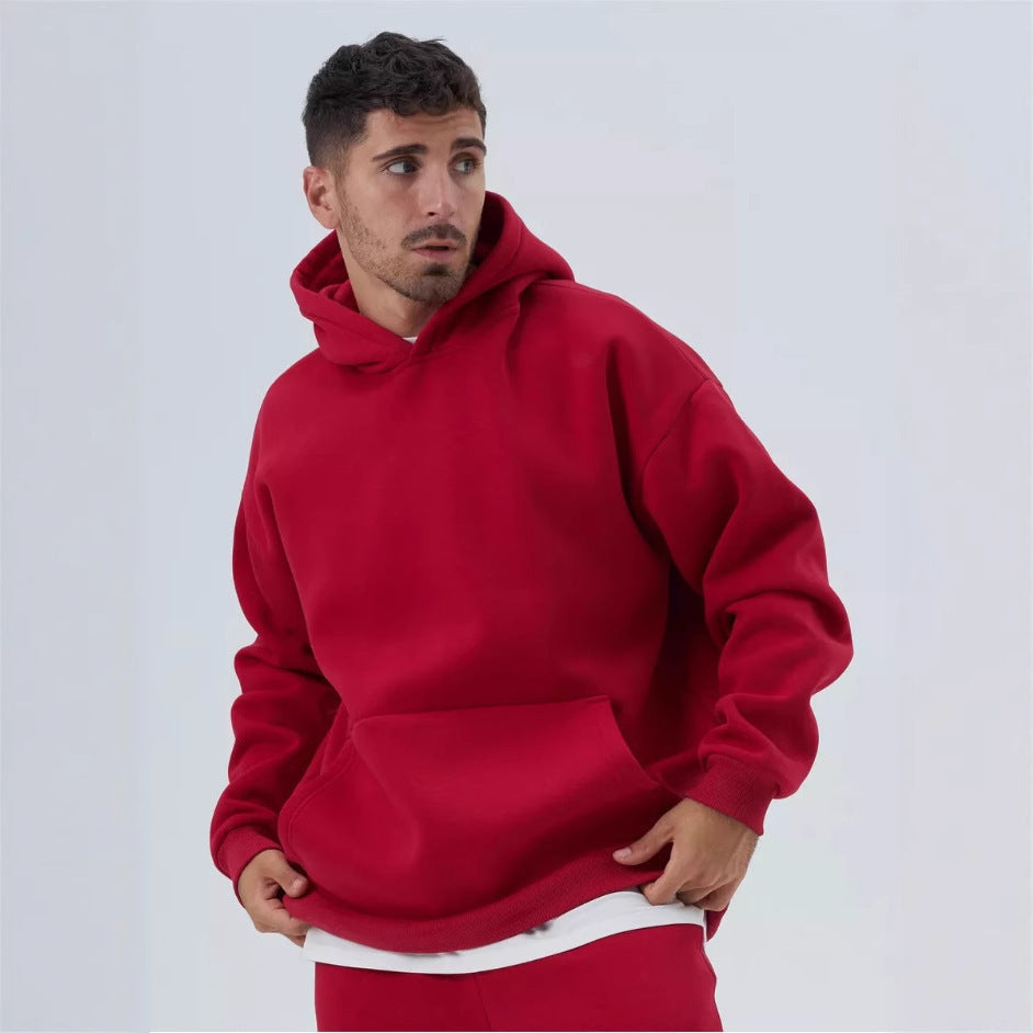 Herr Kraftig Fleece Boxig Luvtröja med Deep Axel Drop Reinforced Huva och Känguruficka