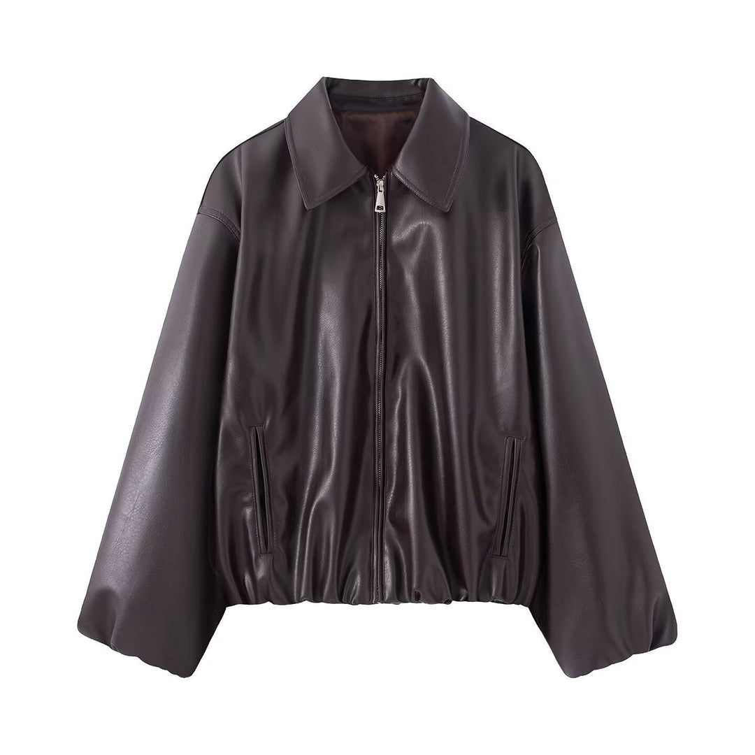 Dam Oversized Konstläder Blouson med Dragkedja och Elastic Fåll