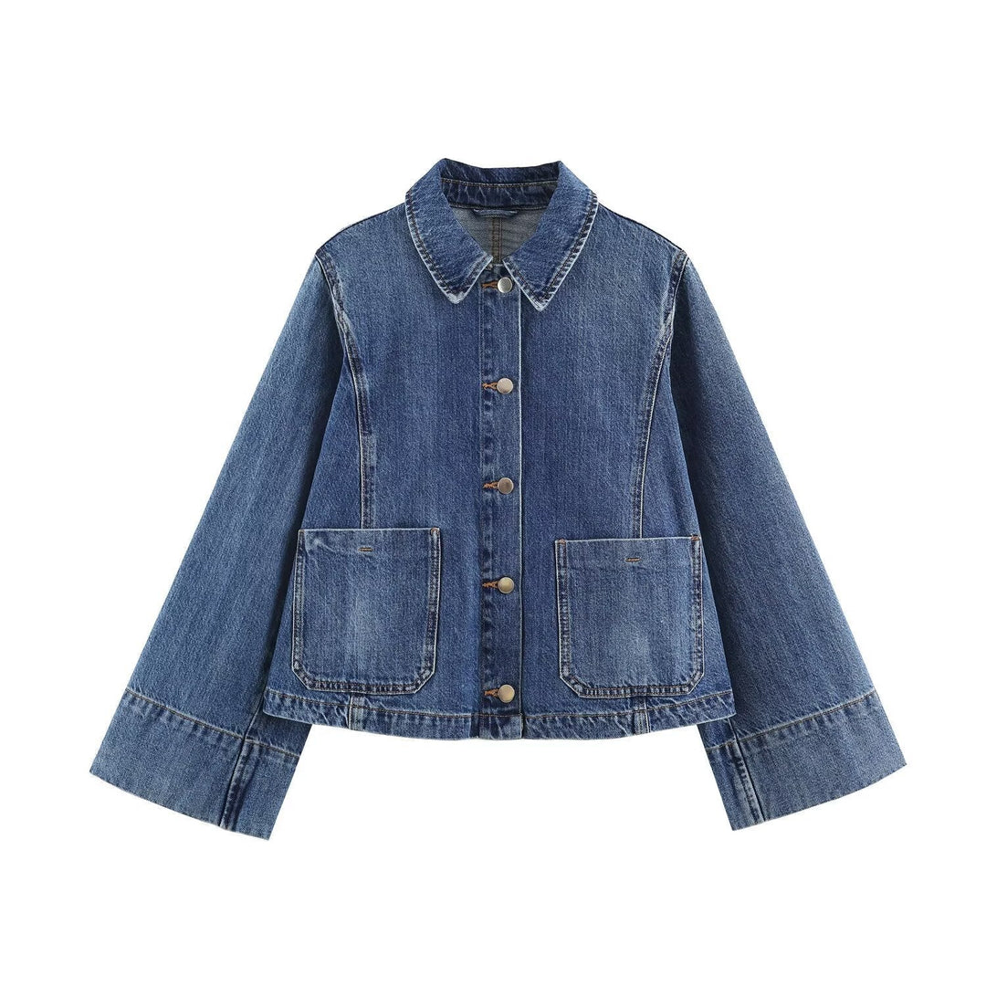 Dam Boxig Denimjacka med Wide Ärmar, Lock Fickor och Tryckknapp Knapp Stängning