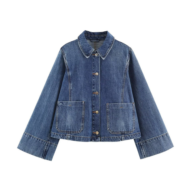 Dam Boxig Denimjacka med Wide Ärmar, Lock Fickor och Tryckknapp Knapp Stängning