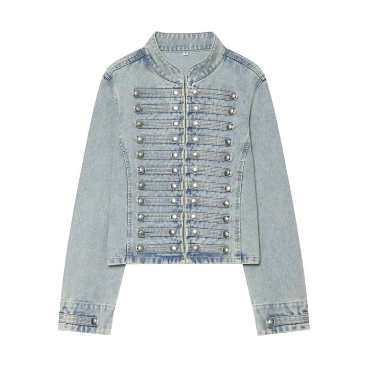 Dam Kort Denim Blouson i Tailcoat Stil med Dekorativ Row Knappar