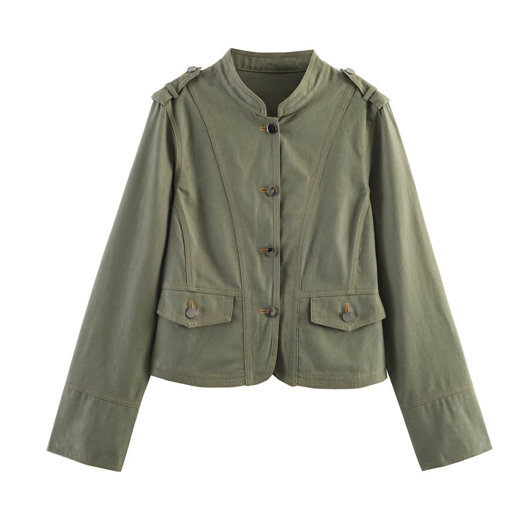 Dam kort jacka in utility stil med ståkrage och shoulder straps