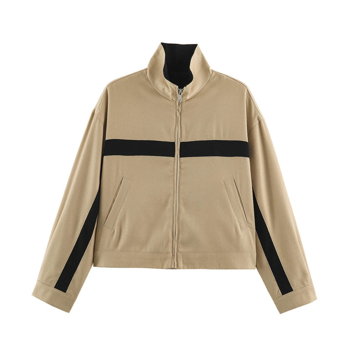 Dam Boxig Kort Övergångsjacka med Stå Krage, Contrast Stripes och Patch Fickor