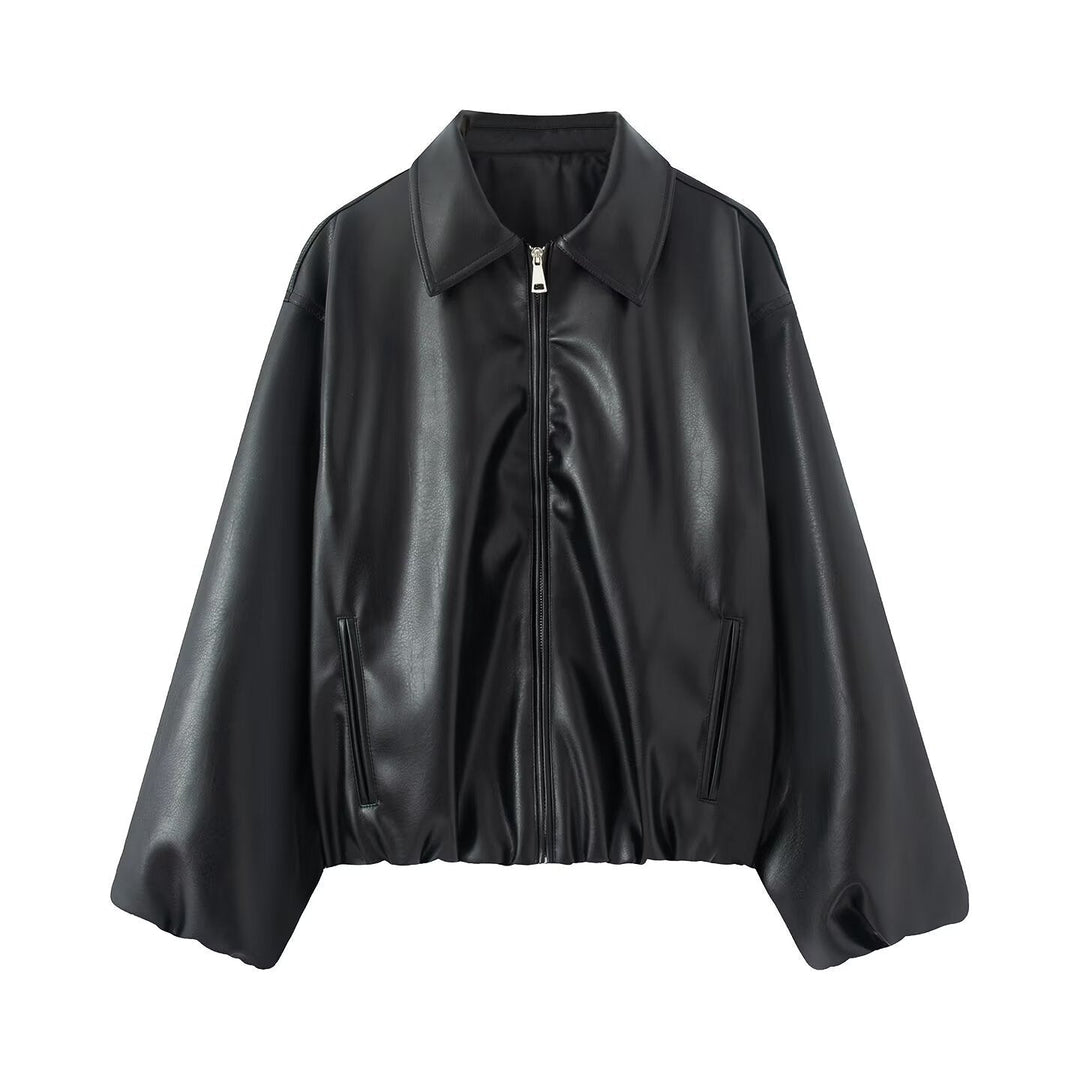 Dam Oversized Konstläder Blouson med Dragkedja och Elastic Fåll