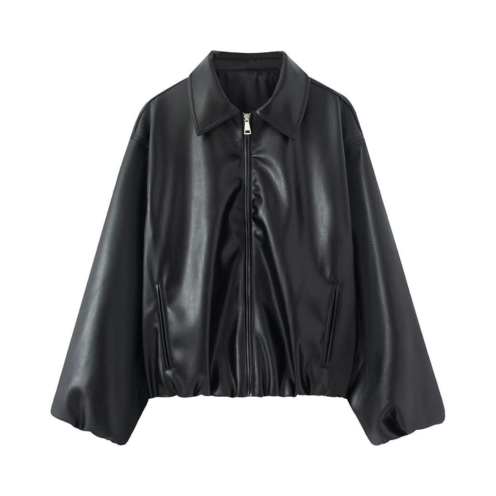Dam Oversized Konstläder Blouson med Dragkedja och Elastic Fåll