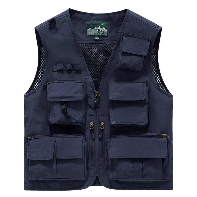 Herr Multifunctional Utomhus Utility Väst med Mesh Bak, Flera Fram Fickor och Genomgående Dragkedja