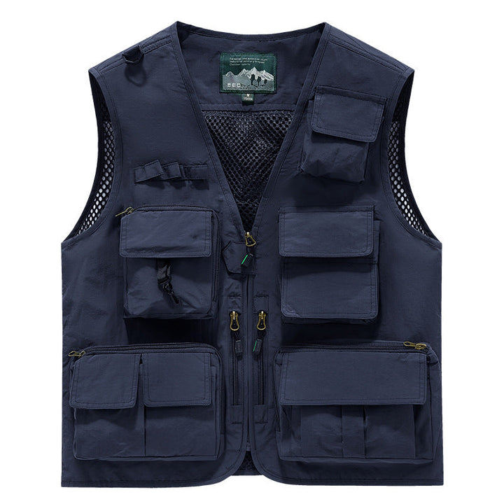 Herr Multifunctional Utomhus Utility Väst med Mesh Bak, Flera Fram Fickor och Genomgående Dragkedja