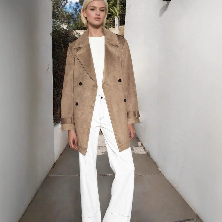 Dam Dubbel Breasted Mocka Effect Trenchcoat med Midjebälte