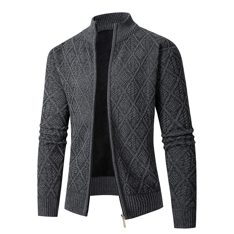 Herr Stickad Dragkedja Jacka med Diamant Jacquard, Standing Krage och Tvåvägsdragkedja
