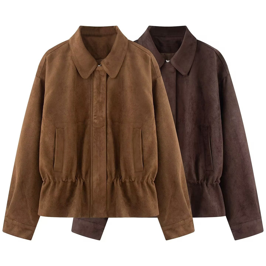 Dam Boxig Blouson Jacka Tillverkad av Suede-Like Material med Tailoring Tunnel och Dold Front