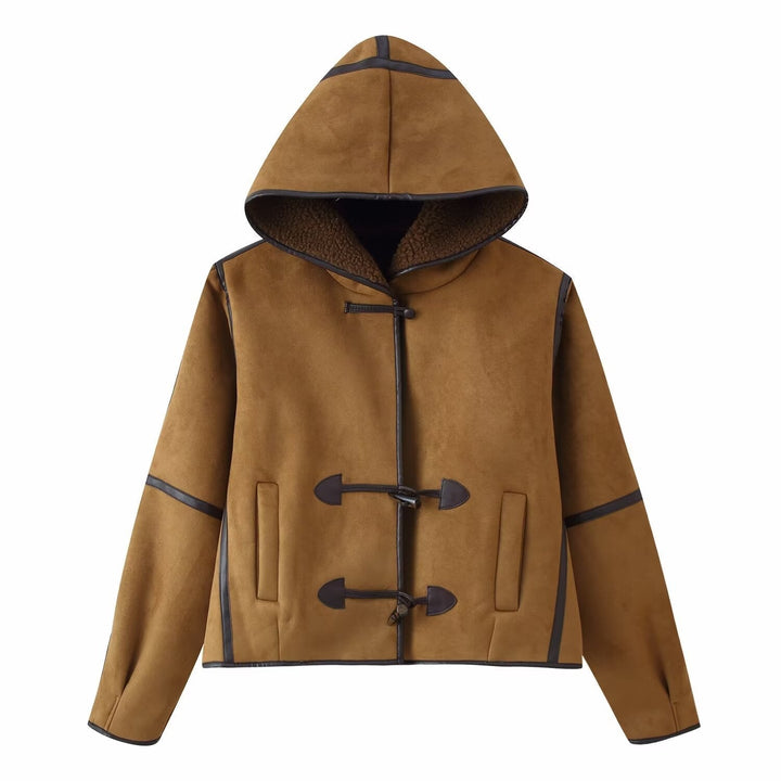 Dam Kort med Huva Sheepskin Imitation Duffle Jacka med Toggle Fastenings