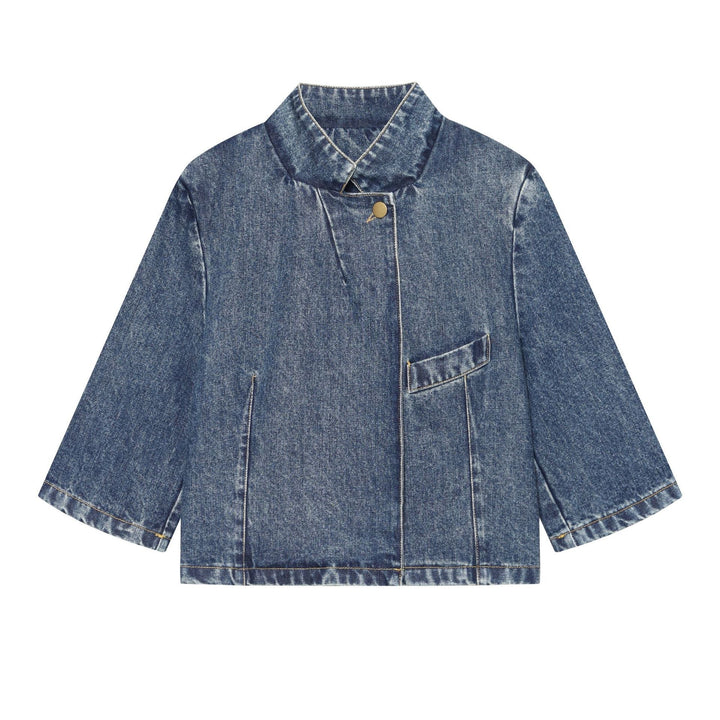 Dam Kort Boxig Denimjacka med Stå Krage, Asymmetrisk Knapp Knäppning och Patch Breast Ficka