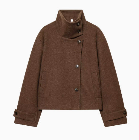 Dam 9800+ Kort Boxig Ull Blend Jacka med Hög Funnel Krage, Asymmetric Knapp Knäppning, och Justerbar Muddar