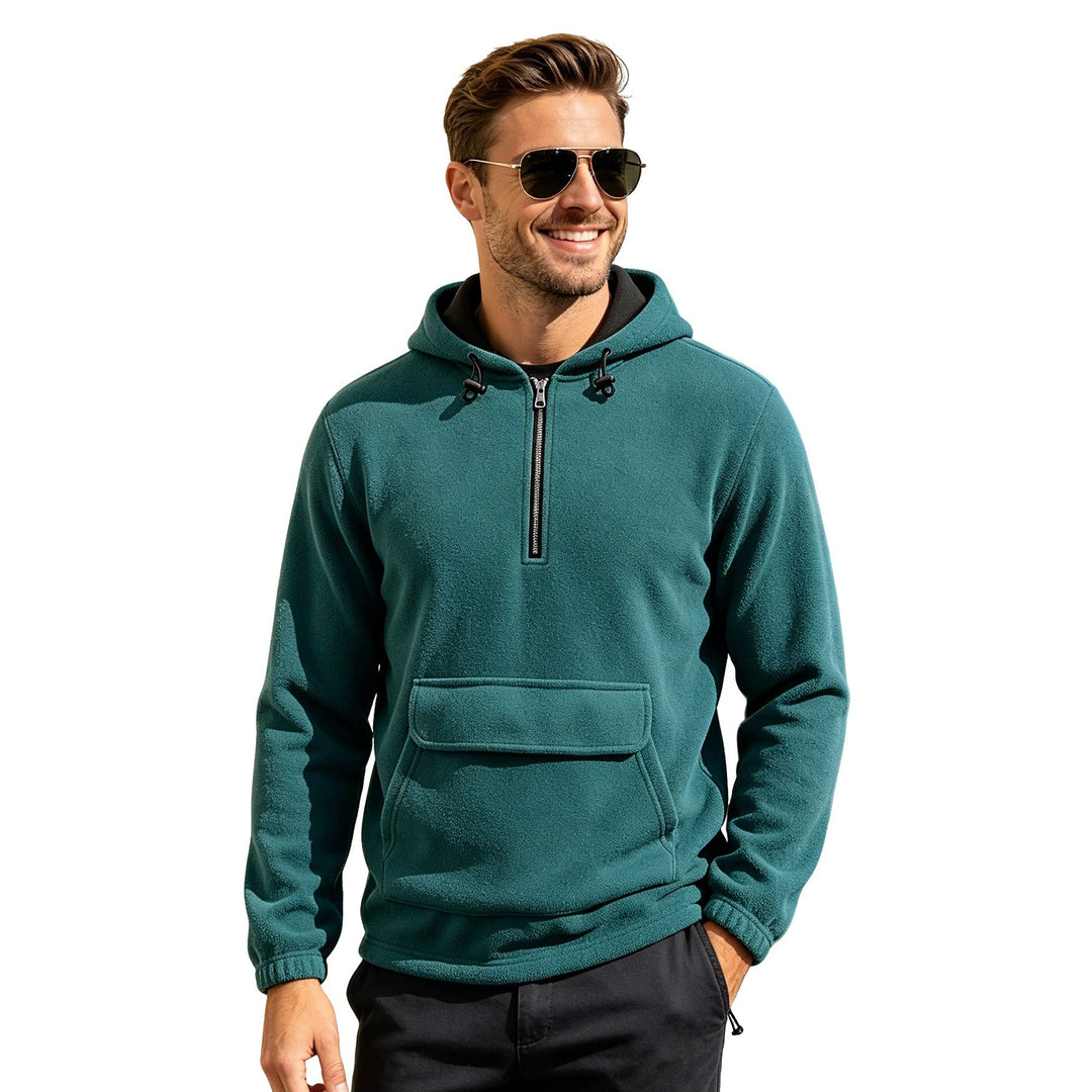 Herr Fleece Luvtröja med Halv Dragkedja, Känguruficka, och Adjustable Huva
