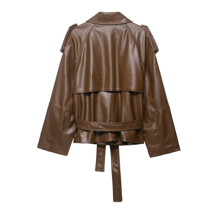 Dam läder trenchcoat med bälte, shoulder flaps och oversize krage
