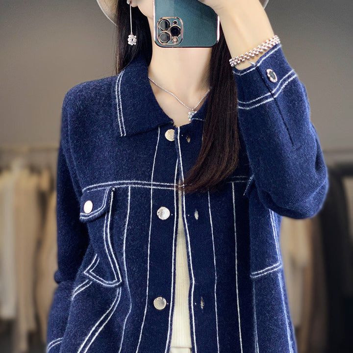 Dam oversize Knit jacka in denimjacka look med kontrasterande Seam detaljer och Chest ficka