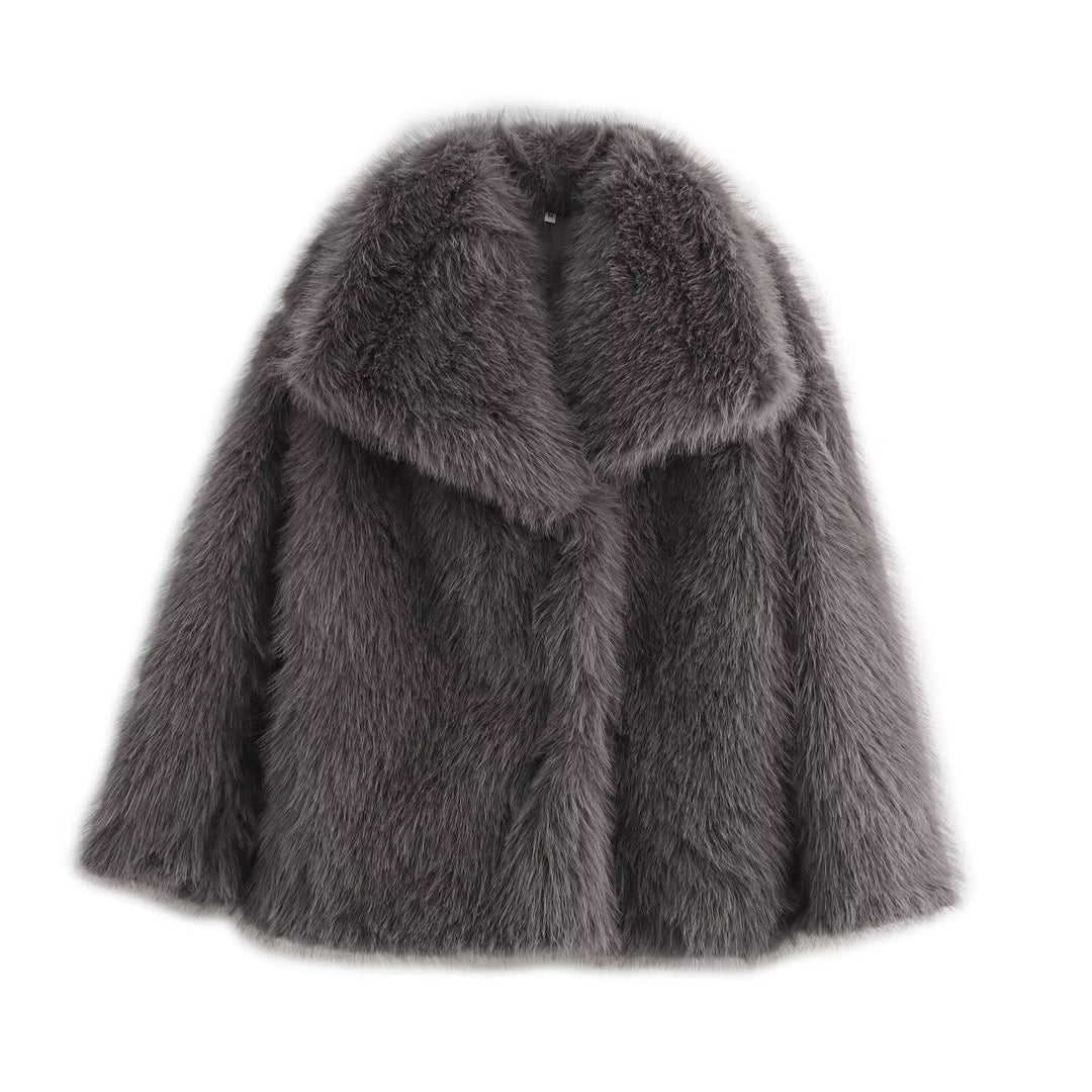 Dam Kort-Skärning Faux-Fur Kappa med Voluminous Sjalrakrage och Straight Skärning