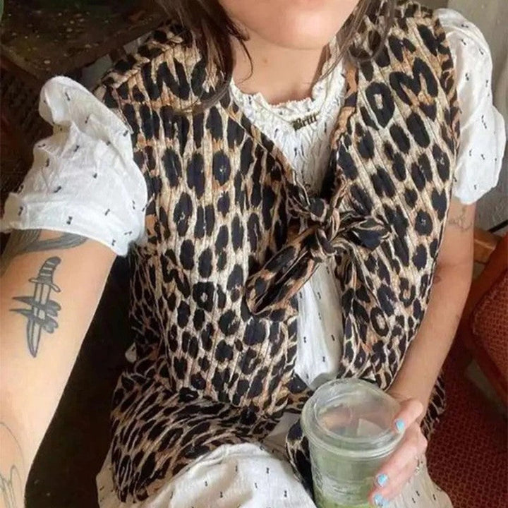 Dam ärmlös Leopard tryck väst med Ties och Textured Surface
