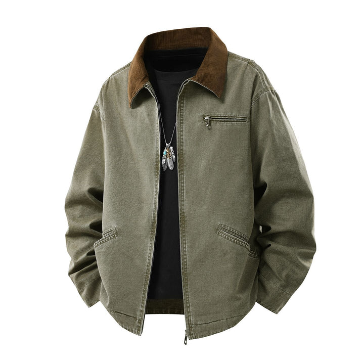 Herr Gewaschene Baumwoll-Workerjacke med Cordkragen och Dragkedja