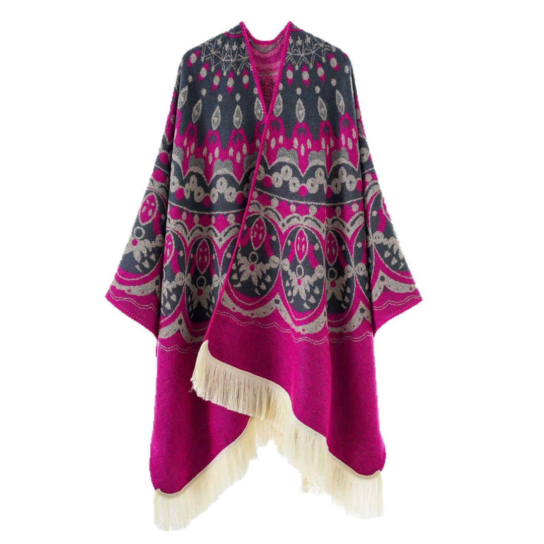 Dam Woven Jacquard poncho med V-Neck, Ethno tryck och Fringes