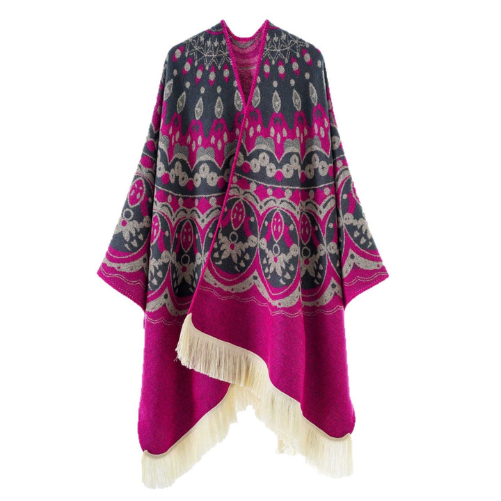Dam Woven Jacquard poncho med V-Neck, Ethno tryck och Fringes